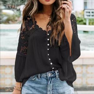 Boho black top, floral, flowers, lace flowy, small